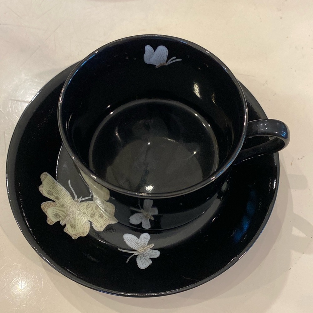 Fitz & Floyd Midnight Poppy Cup & Saucer w/Butterflies. White/Light Yellow